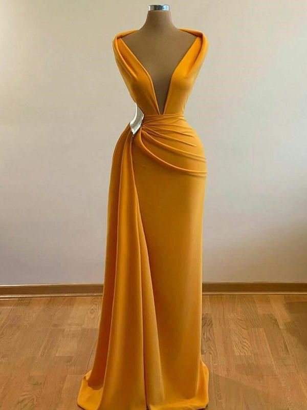 Deep V-neck Long Sheath Yellow Prom Dresses, Formal Evening Dresses, 2021 Prom Dresses
