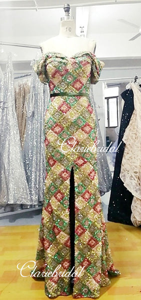Off Shoulder Long Mermaid Sequin Prom Dresses, Front Slit Long Prom Dresses, New Design Prom Dresses