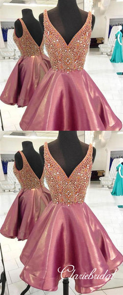V-neck Rhinestone Short Prom Dresses, Homecoming Dresses