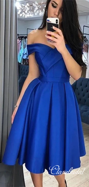 Off Shoulder Royal Blue Homecoming Dresses, Satin Short Prom Dresses
