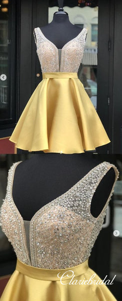 V-neck Rhinestone Beaded Satin Homecoming Dresses, Short Prom Dresses