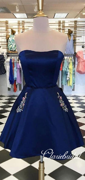 Strapless Navy Satin Short Prom Dresses WIth Pocket, Homecoming Dresses