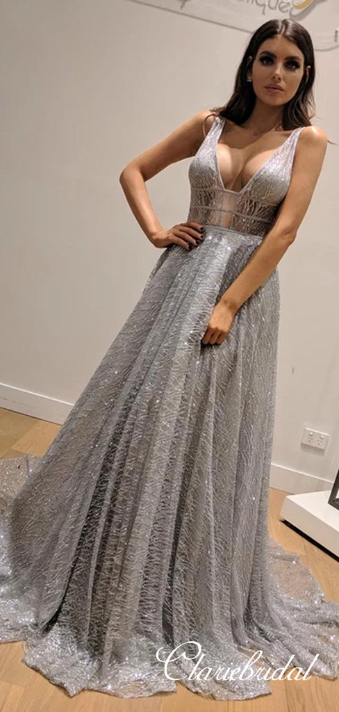 Deep V-neck Silver Sequin Tulle Long A-line Prom Dresses, Shiny Prom D ClaireBridal Deep V-neck Silver Sequin Tulle Long A-line Prom Dresses, Shiny Prom D ClaireBridal