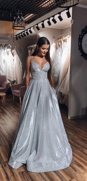 Straps Long A-line Silver Shemmering Prom Dresses, Lovely Prom Dresses, Long Prom Dresses