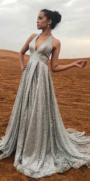 V-neck Halter Long A-line Silver Grey Sequin Tulle Prom Dresses, Newes – ClaireBridal