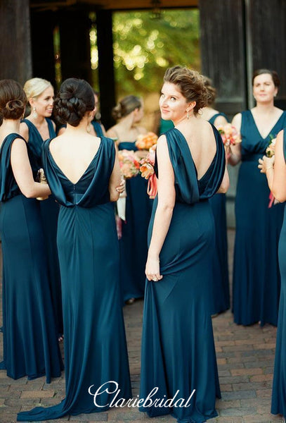 V-neck Sheath Dark Teal Long Bridesmaid Dresses