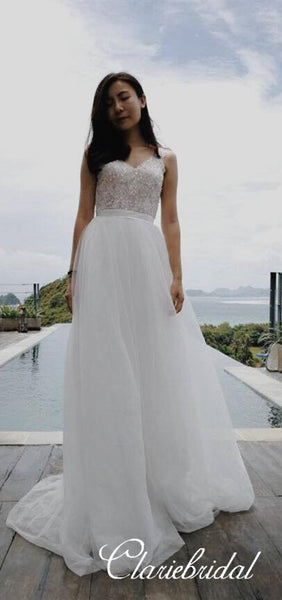Simple V-neck A-line Beaded Top Tulle Wedding Dresses, Bridal Gown