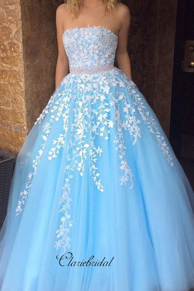 Gorgeous Strapless Lace Prom Dresses, A-Line Beaded Elegant Prom Dresses