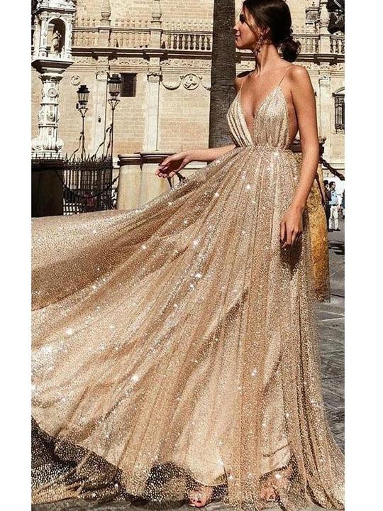 Spaghetti Long A-line SHiny Sequin Tulle Prom Dresses, Long Prom Dresses