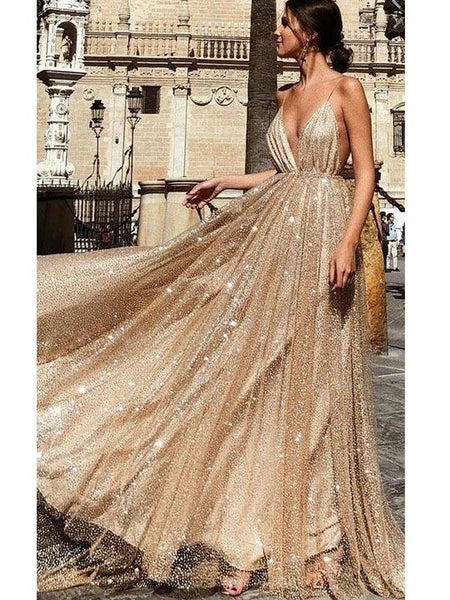 Spaghetti Long A-line SHiny Sequin Tulle Prom Dresses, Long Prom Dresses