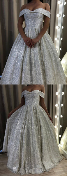 Off Shoulder Shiny Sequin Tulle Wedding Dresses, A-line Wedding Gown, Long Wedding Dresses