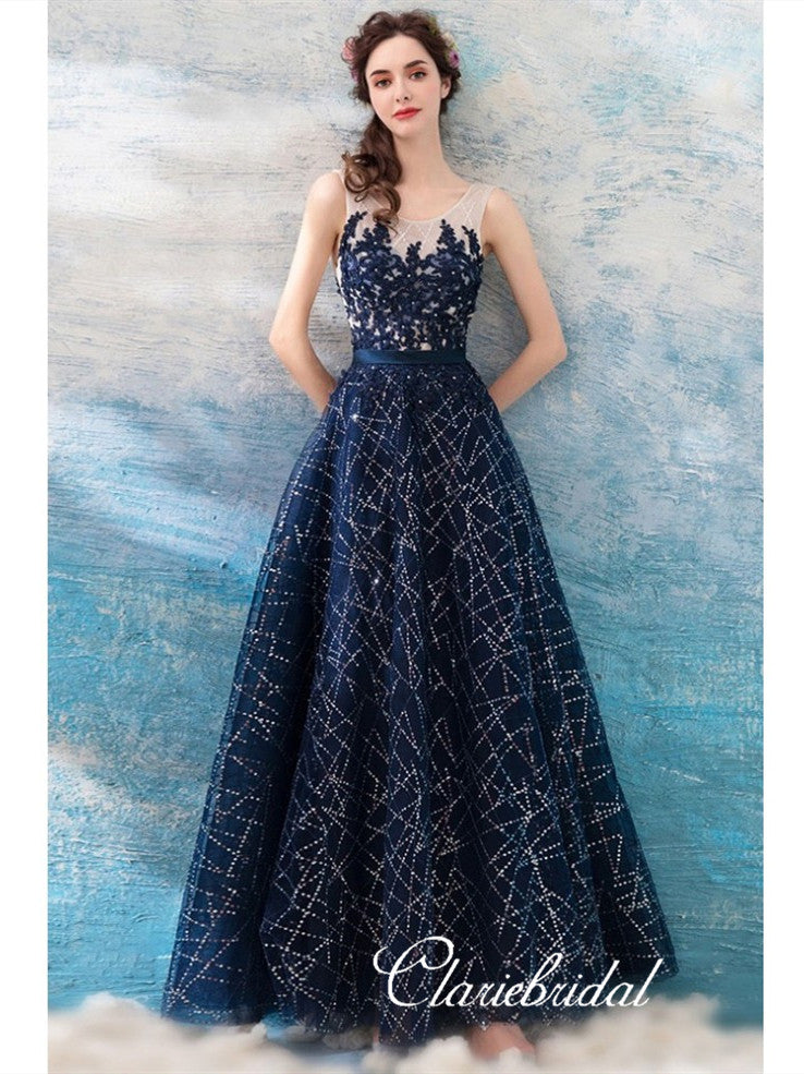 Round Neck Long A-line Navy Sequin Tulle Prom Dresses, Lace Beaded Prom Dresses