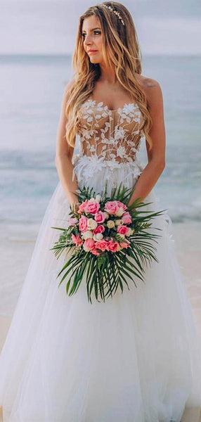 Strapless Simple Lace A-line Wedding Dresses, Sweetheart Beach Lace Wedding Dresses