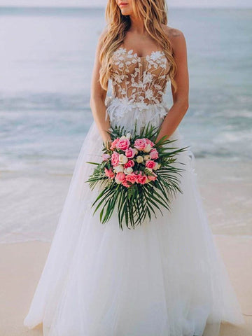 Strapless Simple Lace A-line Wedding Dresses, Sweetheart Beach Lace Wedding Dresses
