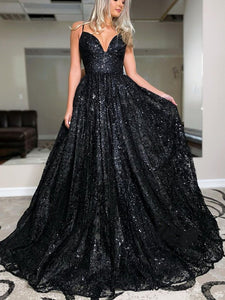 Black A-line Sequins Long Prom Dresses, Plunging V-neck 2021 Prom Dresses Long
