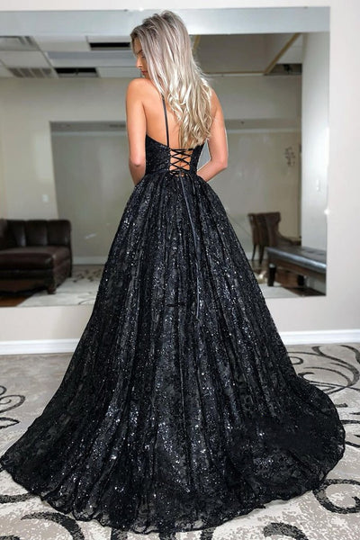 Black A-line Sequins Long Prom Dresses, Plunging V-neck 2021 Prom Dresses Long