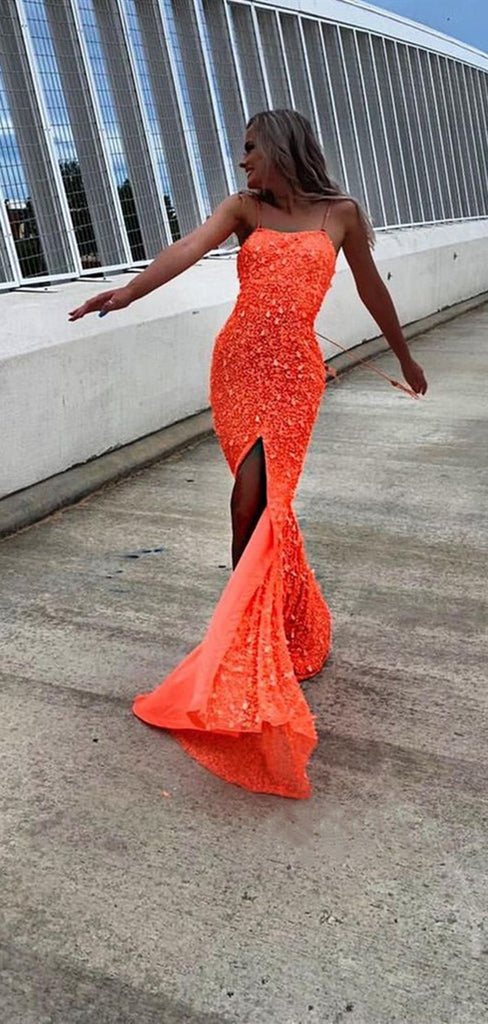 Orange Sequins Spaghetti Straps Long Prom Dresses, Sparkly 2021 Newest ClaireBridal Orange Sequins Spaghetti Straps Long Prom Dresses, Sparkly 2021 Newest ClaireBridal