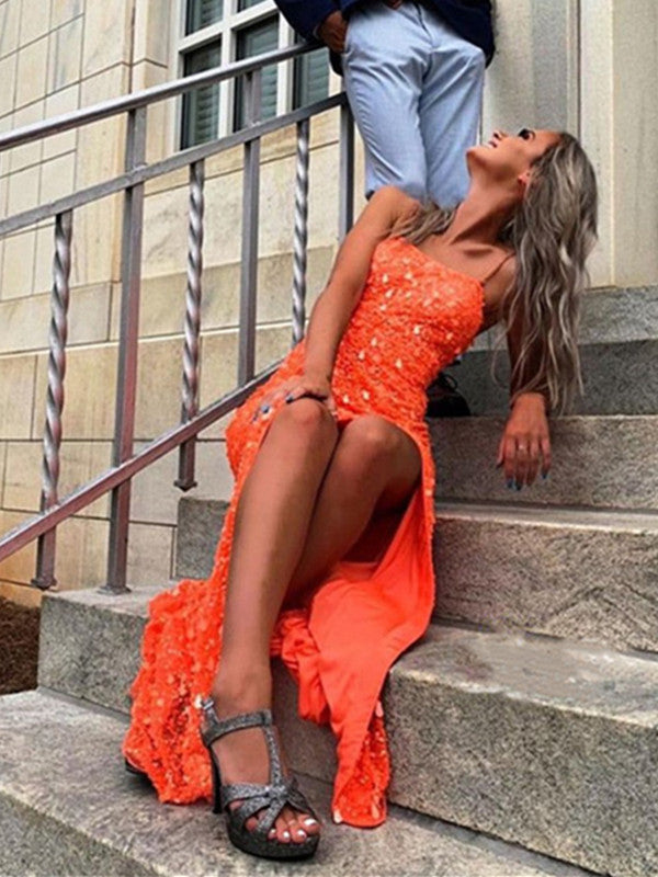 Orange Sequins Spaghetti Straps Long Prom Dresses, Sparkly 2021 Newest Prom Dresses