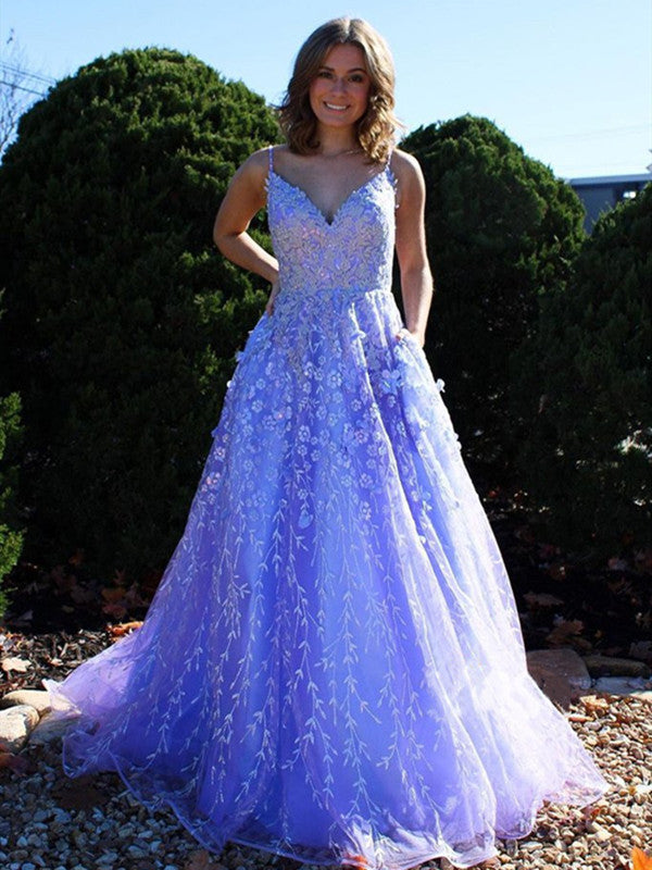 Spaghetti Straps Elegant Lace Long Prom Dresses, A-line Appliques Fashion 2021 Prom Dresses