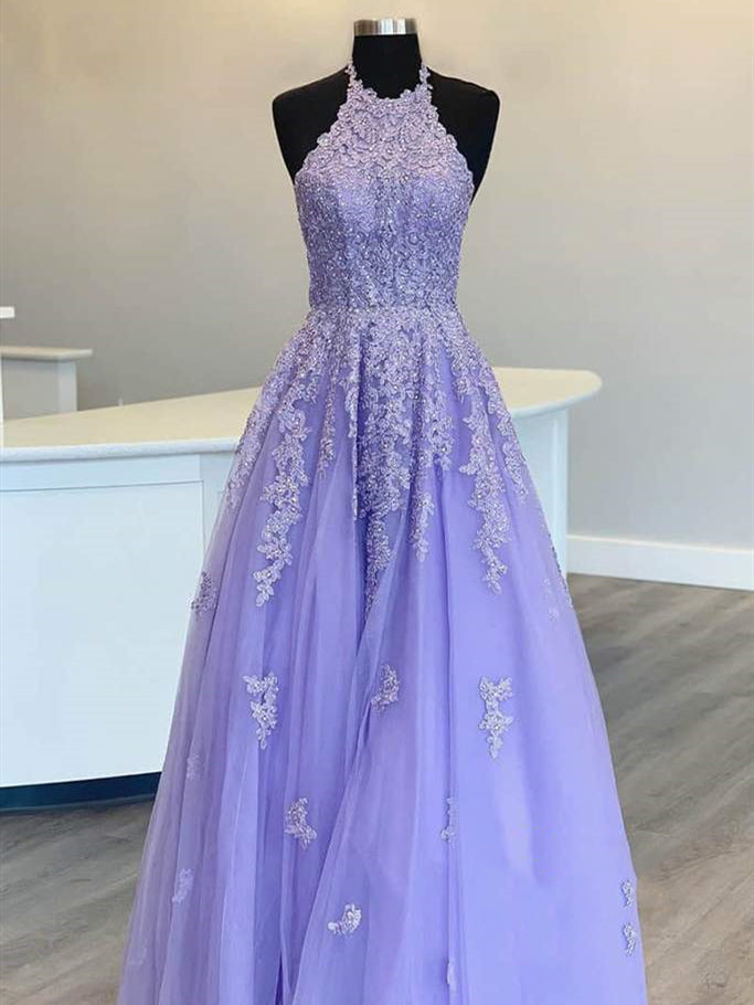 Halter Long A-line Lilac Lace Appliques Prom Dresses, Beaded Prom Dresses, Lovely Prom Dresses