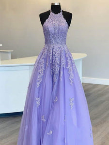 Halter Long A-line Lilac Lace Appliques Prom Dresses, Beaded Prom Dresses, Lovely Prom Dresses