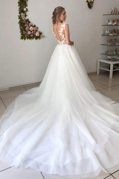 Sleeveless Long A-line Light Ivory Tulle Lace Wedding Dresses, Bridal Gown, Long Bridal Gown