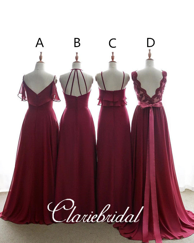 Mismatched Burgundy Chiffon Lace Long Bridesmaid Dresses – ClaireBridal