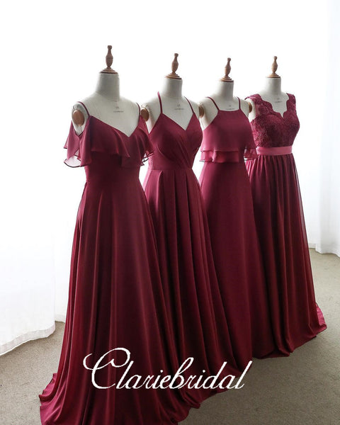 Mismatched Burgundy Chiffon Lace Long Bridesmaid Dresses