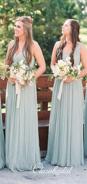 V-neck Dusty Green A-line Tulle Long Bridesmaid Dresses