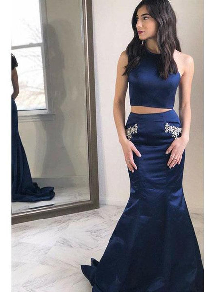 2 Pieces Navy Satin Beaded Prom Dresses, Long Prom Dresses With Pockets