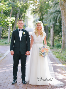 Cap Sleeves Sequins Wedding Dresses, Newest A-line Tulle Wedding Dresses