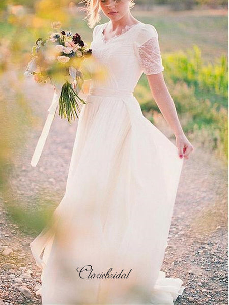 Simple Chiffon Design Wedding Dresses, A-line Lace Elegant Wedding Dresses