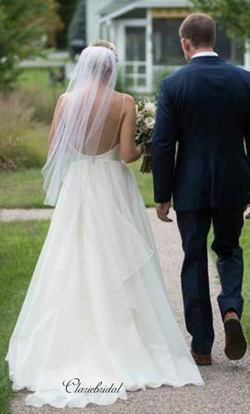 Ivory V-neckline A-line Simple Backless Beach Wedding Dress, Cheap Wedding Dresses