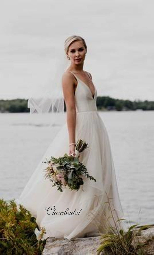 Ivory V-neckline A-line Simple Backless Beach Wedding Dress, Cheap Wed ClaireBridal Ivory V-neckline A-line Simple Backless Beach Wedding Dress, Cheap Wed ClaireBridal