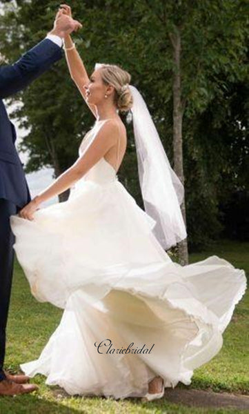 Ivory V-neckline A-line Simple Backless Beach Wedding Dress, Cheap Wedding Dresses