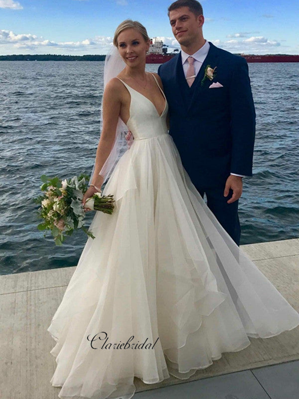 Ivory V-neckline A-line Simple Backless Beach Wedding Dress, Cheap Wed – ClaireBridal