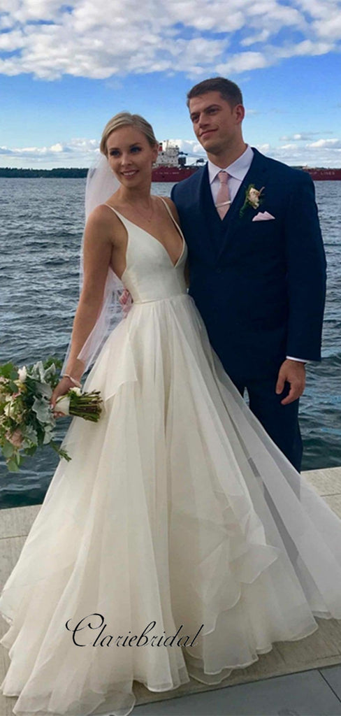 Ivory V-neckline A-line Simple Backless Beach Wedding Dress, Cheap Wed ClaireBridal Ivory V-neckline A-line Simple Backless Beach Wedding Dress, Cheap Wed ClaireBridal