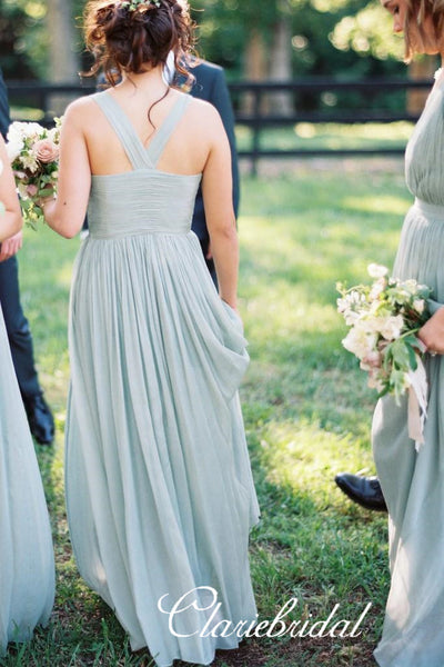 V-neck Dusty Green A-line Tulle Long Bridesmaid Dresses