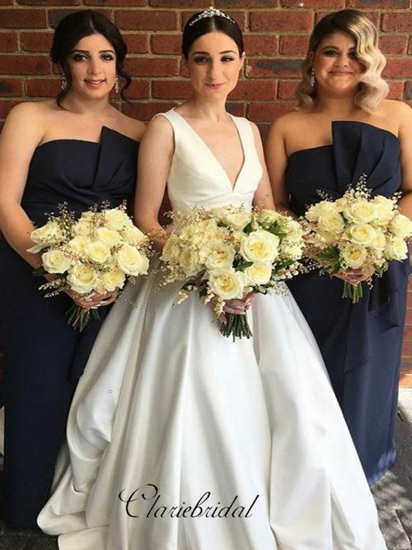 V-neckline Satin Bridal Gown Dress for Wedding 2019, A-line Simple Wedding Dresses