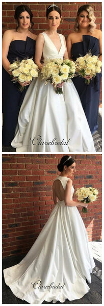 V-neckline Satin Bridal Gown Dress for Wedding 2019, A-line Simple Wedding Dresses