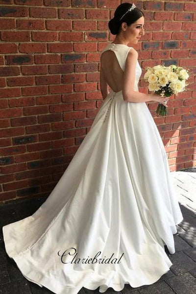 V-neckline Satin Bridal Gown Dress for Wedding 2019, A-line Simple Wedding Dresses