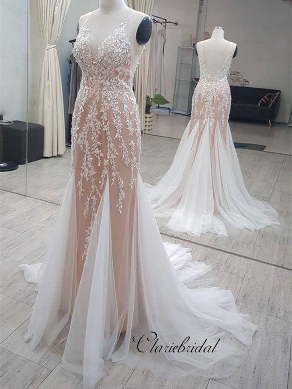 V-neck Mermaid Wedding Dresses, Fancy Lace Bridal Gowns, Newest Wedding Dresses 2019