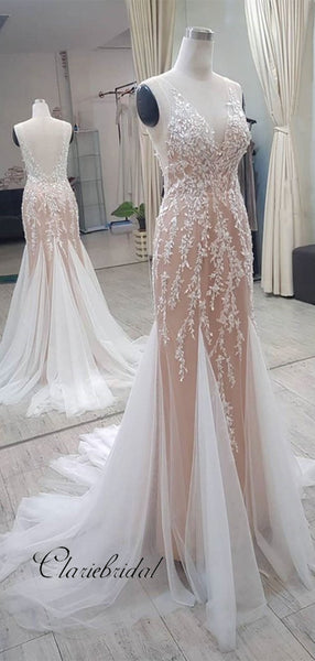 V-neck Mermaid Wedding Dresses, Fancy Lace Bridal Gowns, Newest Wedding Dresses 2019