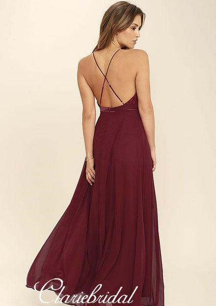 Spaghetti Long A-line Burgundy Lace Chiffon Bridesmaid Dresses