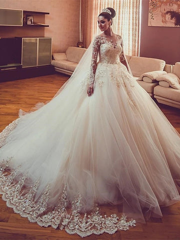 Long Sleeves Lace Beaded Wedding Gown, Tulle Bridal Gown, Luxury Long Wedding Dresses