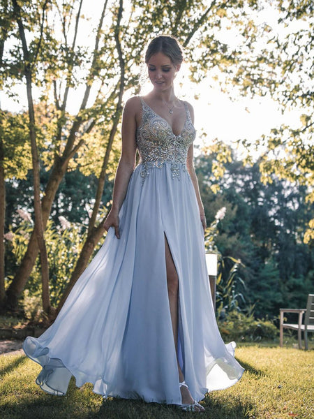 V-neck Long A-line Pale Blue Chiffon Beaded Rhinestone Prom Dresses, 2021 Prom Dresses