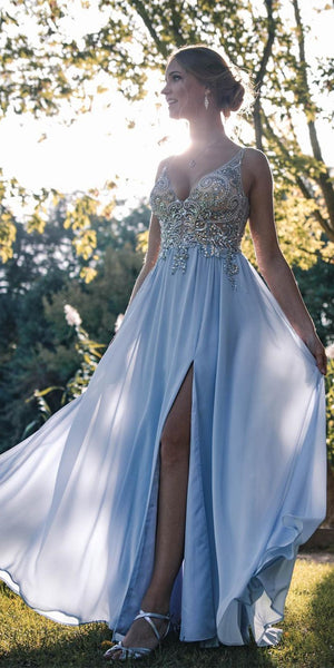 V-neck Long A-line Pale Blue Chiffon Beaded Rhinestone Prom Dresses, 2021 Prom Dresses