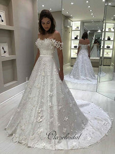 Elegant A-line Appliques Wedding Dresses, Off Shoulder Lace Fashion Wedding Dresses