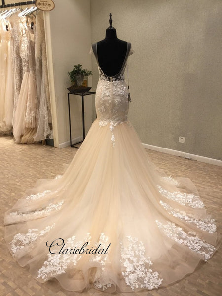 Cap Sleeves Mermaid Backless Sexy Lace Long Wedding Dresses