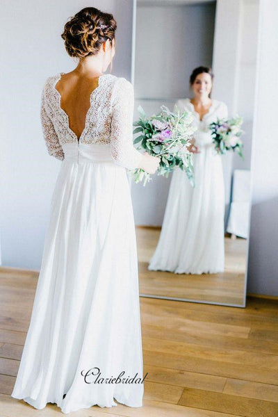V-neck Lace Mid Sleeves Wedding Dresses, Popular Lace Wedding Dresses